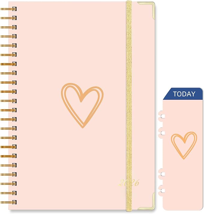 2026 Planner, Jan.2026 - Dec.2026 Weekly Monthly Planner 6.25"x8.5" with Page Tabs, Calendar Hardcover with Inner Pocket, Elastic Band, Twin-Wire Binding, Bookmark, Pink Love Heart
