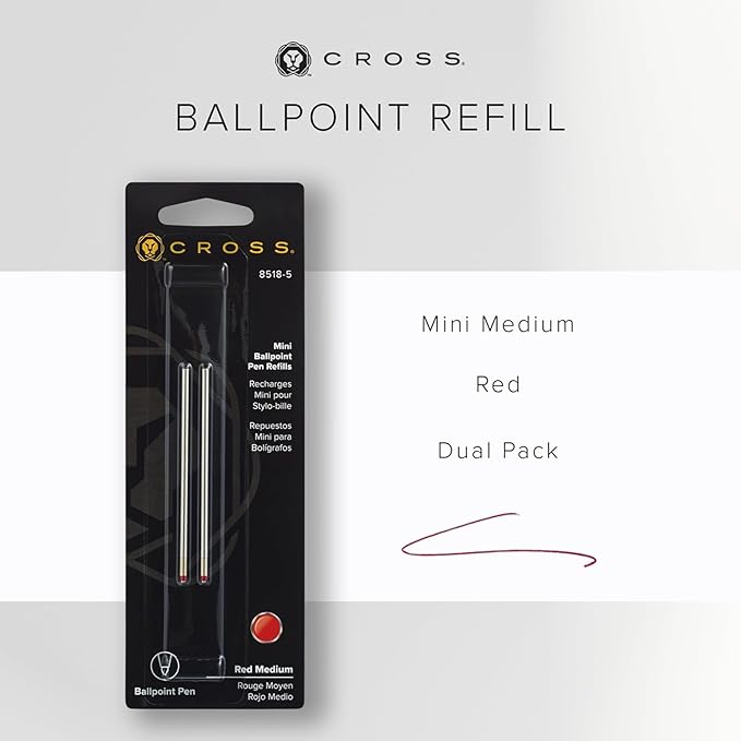 Cross Mini Ballpoint Pen Refill - Red - Medium - 2-Pack - Replacement Pen Refill for Consistent Ink Flow - Smear-Resistant, Quick-Drying Formula - Smooth Laydown for Crisp Lines - Everyday Use