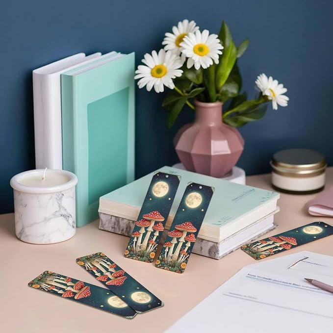 Mushroom Bookmarks 5 Pcs Moon Night Star Flower Wooden Bookmark with Tassels for Reading Book Lovers Gift Office School Readers Teacher