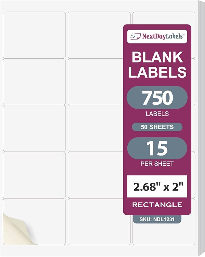 NextDayLabels 2.69x2 Inch Rectangle Stickers White Blank Labels for Laser Inkjet Printer - 15 Per Sheet Self-Adhesive Shipping Name Tags Product Made in USA - 750 Labels