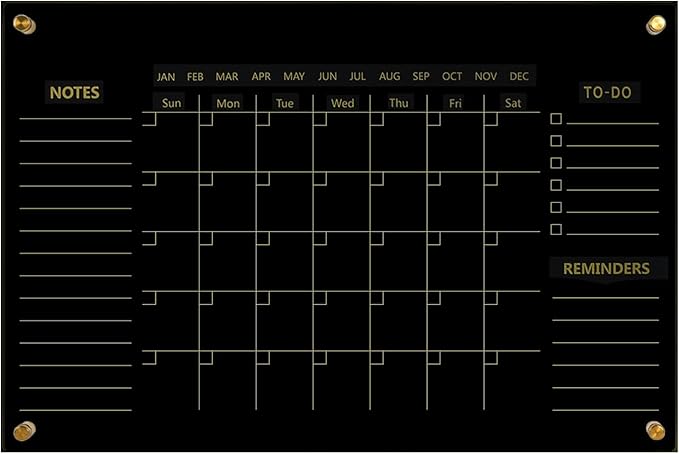 Black Acrylic Calendar Dry Erase for Wall, Family Planner, Monthly Calendar Dry Erase Whiteboard for Home, Office, 24" x 16"Reusable White Board（(Acrylic-BK-4060)