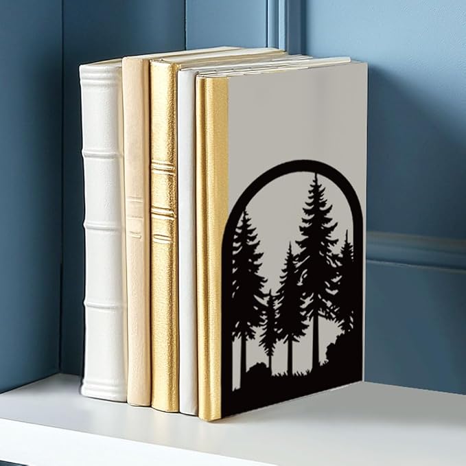 Forest Book Shelf Decorative Bookends for Shelves, Book Ends for Heavy Books, Black Pine Tree Metal Bookends for Desk Organizer, Office Library Decor Decorative Books for Home Decor