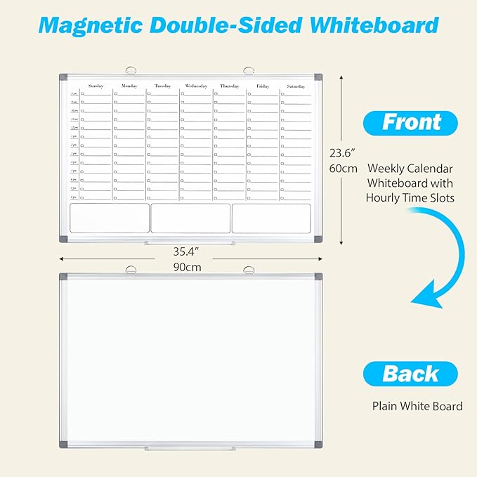 ONAVIA Weekly Calendar Dry Erase Board for Wall, Hanging 36"×24" Double-Sided Magnetic Whiteboard with Hourly Slots, for Planning, Memo, to Do List, Home, Office, Work