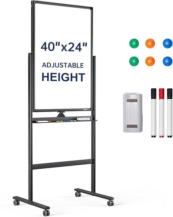 Mobile Dry Erase Board on Wheels - TANKEE 40 x 24 Magnetic Double Sided Whiteboard Easel, Large Reversible Rolling White Board with Aluminum Frame Standing for Office, Home, Classroom