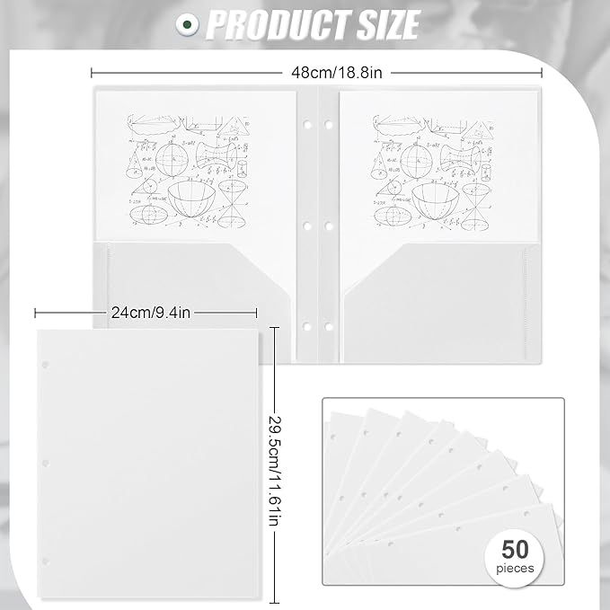 Yeaqee 50 Pcs Plastic Folders with Pockets Bulk 3 Hole Punched 2 Pocket File Folders for 3 Ring Binder Divider Folder for Notebooks, Durable Poly for Office Home (White)
