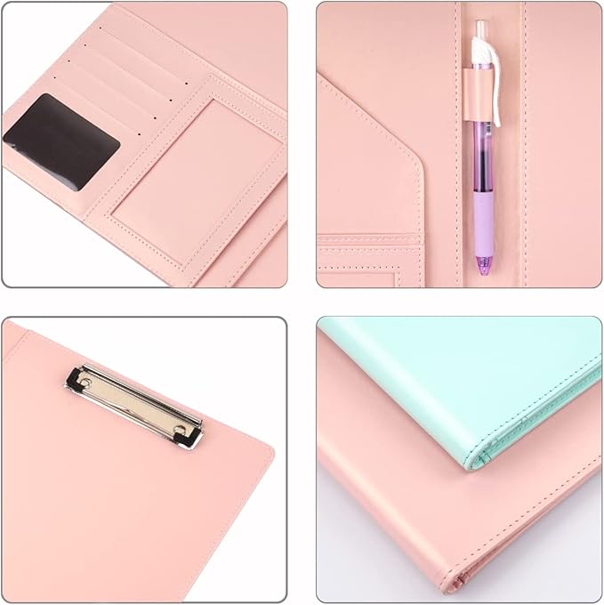WAVEYU Portfolio Case, Business Portfolio Folder, Cute Padfolio Cover, Conference/Resume/Legal Document Organizer with Letter/A4 Size Clipboard Hardboard, Business Card Holders, Document Sleeve, Pink