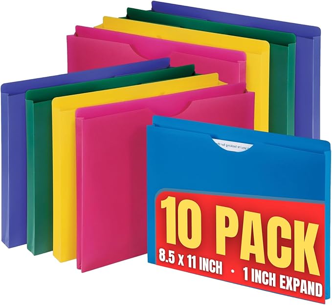 1InTheOffice Poly File Jacket File Folder, Letter 1" Expanding File Jacket, 10-Pack, Assorted