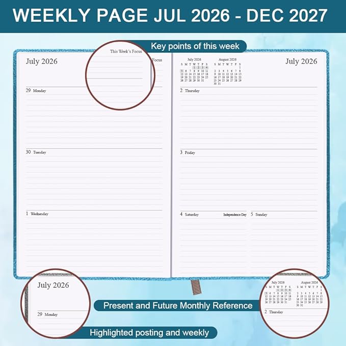 2026-2027 Planner - Weekly & Monthly Planner Runs from July 2026 to Dec 2027, 5.8" x 8.25", 18 Month Planners, 14 Notes Pages, Inner Pocket, PU Leather Hard Cover, Teal Monthly Planners 2026-2027