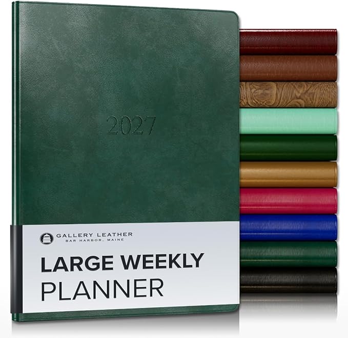 Gallery Leather Large Weekly Monthly Planner 2027, Elegantly Bound Calendar Planner and Notebook with Stylish Gold-Gilded Page Edges, 12 Months - Acadia Green - 9.75x7.5"