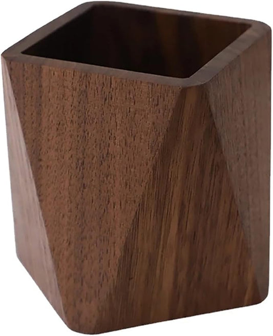 Black Walnut Wooden Pencil Box, Multiple-Use Desk Writing Stationary Organizer Wood Pen Holder Cups Office School Supplies Storage (Prismatic Shape)