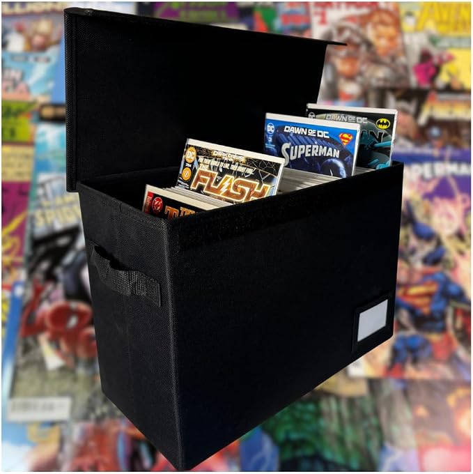 Comic Book Storage Box With Divider Built In (Removable)- Black Comic Book Box, Water Resistant, Holds 150 Comic Books, Full-length Velcro Flip-Top Enclosure, Comic Book Storage Box label pocket