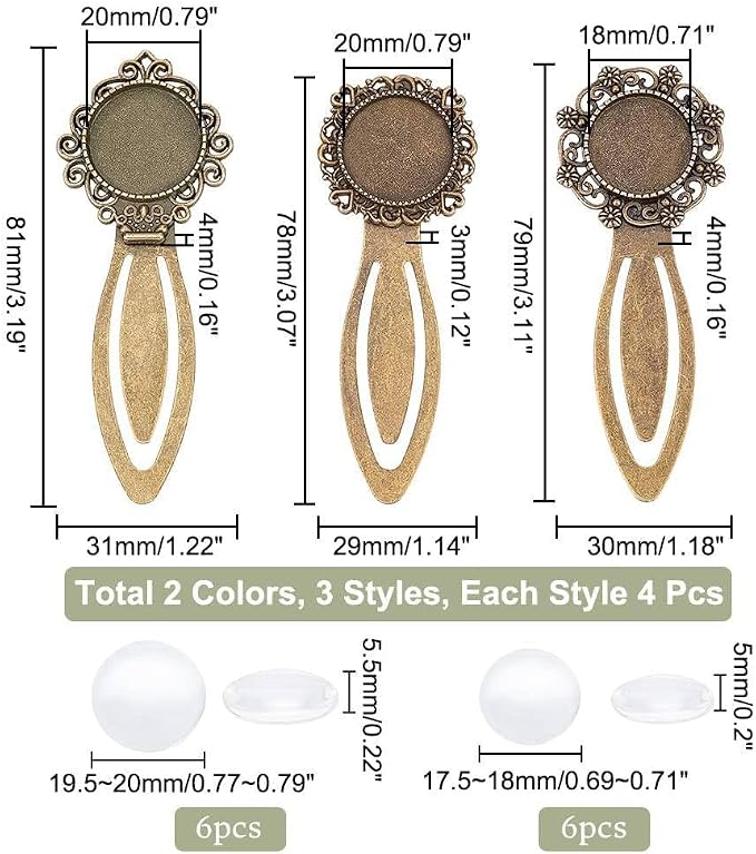 NBEADS 24 Pcs 3 Styles 2 Colors Bookmark Pendant Tray Kit, Including 12 Pcs Tibetan Style Bookmark Cabochon Settings 12 Pcs Dome Transparent Glass Cabochons for Reading Gift Crafting DIY Bookmark