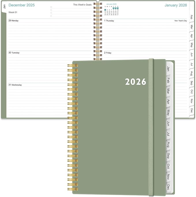 2026 Planner - Planner 2026 from January 2026 to December 2026 with 12 Monthly Tabs, Flexible Cover, Inner Pocket, 8.5" x 11", Green-C