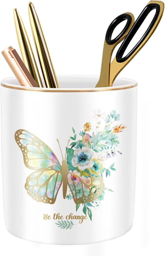 Cute Pen Holder for Desk, Ceramic Durable Pencil Cup, Simple&Modern Style Makeup Organizer, Multifunctional Office Supplies for Home, Kids and School, Butterfly Pattern