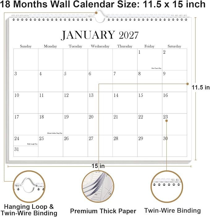 Calendar 2026-2027 - Wall Calendar from July 2026 to December 2027, 2026-27 Wall Hanging Calendar Planner with Thick Paper, 12" x 14.5", Black