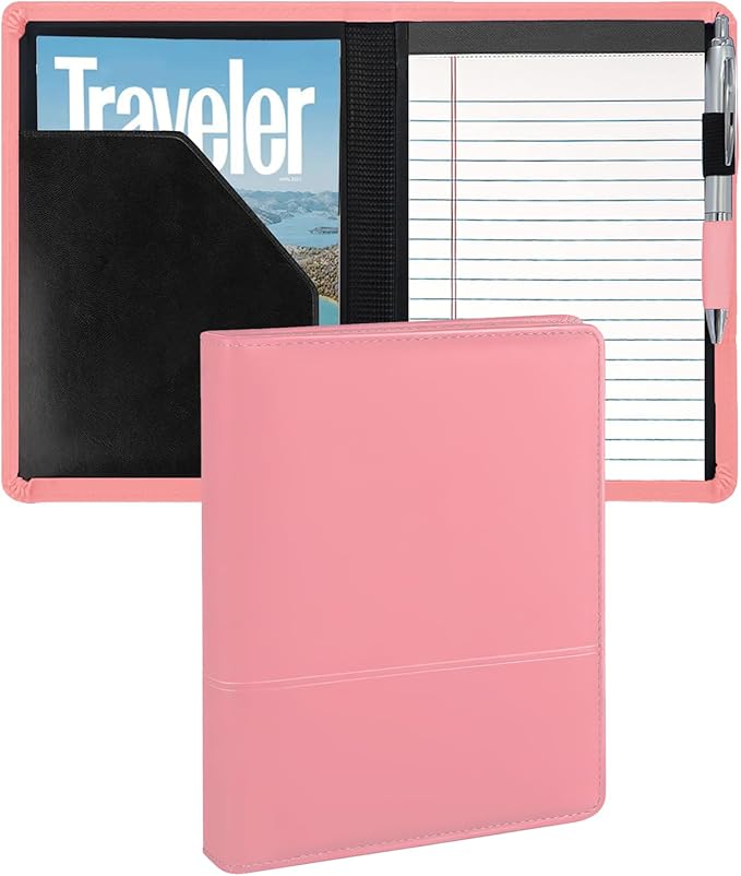A5 Padfolio Business Portfolio Folder,Junior Size Document Folder Organizer, Padfolio with Interior Pocket and Pen Loop, 5 x 8 Writing Pad Included, Light Pink.