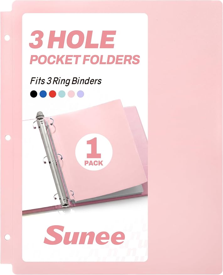 SUNEE 3 Hole Pocket Folders (1 Pack, Pink), Plastic Pocket Folders for 3 Ring Binder, 3-Hole Punched Folder with Pockets, for Kids, Students, Teachers, Office Staff