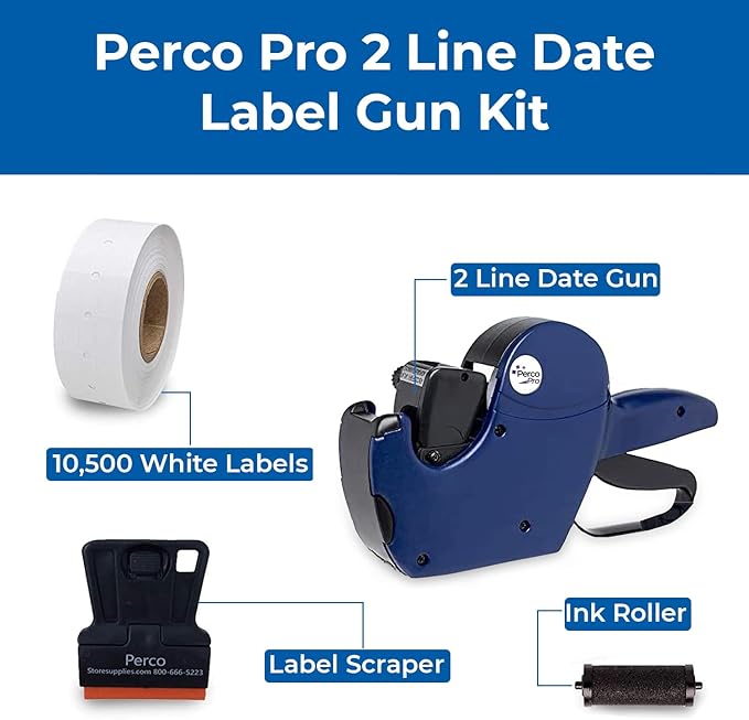 Perco Pro 2-Line Date Gun with Labels Kit - Includes 2-Line 16-Characters Date Labeler Gun, 10,500 Blank White Labels, a Label Scraper & a Pre-Loaded Ink Roll Bundled with Perco Labeler Gun Clip