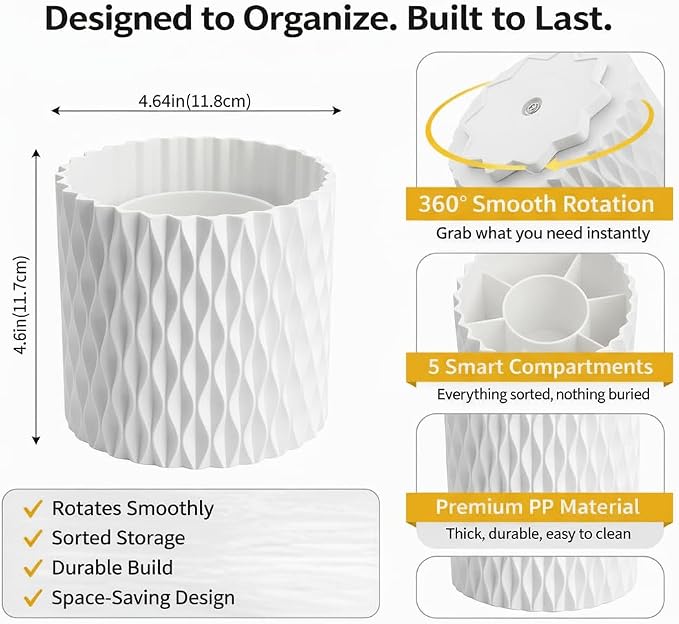 White Pen Holder for Desk, 360° Rotating Pencil Holder with 5 Slots - Spinning Desk Organizer & Pencil Cup for Art Supply, Office Pen Organizer for Home, School, Desk Accessories