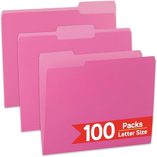 100 Packs Pink File Folder,1/3-Cut Tabs,Manilla File Folders Letter Size,8.5x11 Heavy Duty Paper File Folders for Office Filing,School Projects and Home,Organizer Documents