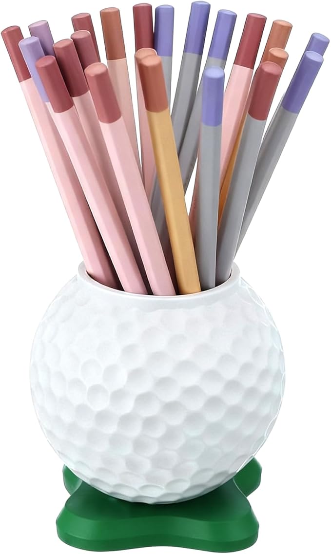 Tenceur Golf Ball Pen Holder for Desk Golf Gifts for Men Dad Father Husband Funny Mini Resin Desktop Accessories with Green Base for Golfer Lover