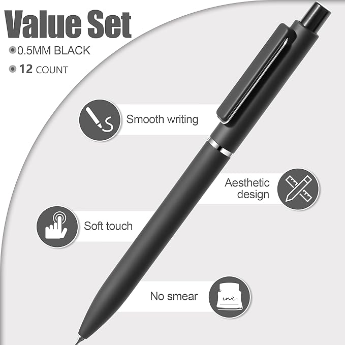 deegtran Retractable Black Ink Pens, Aesthetic Cute Gel Click Pens with No Smear & Bleed Fine Point Ink, Smooth Note Taking Journaling Pens for School Office Gift, 12 Count Pack
