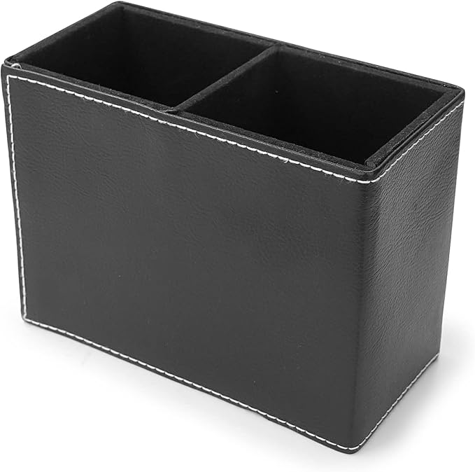reamsEden PU Leather Pen Holder Cup, 2-Slot Vintage Square Desk Organizer for Office Supplies, Makeup Brushes, Remote Control, Black