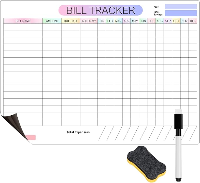 Monthly Bill Payment Checklist Magnetic Whiteboard for Refrigerator-Bill Payment Tracker Calendar Chart Monthly Bill Organizer & Planner for Personal Budgeting Financial (Style New)