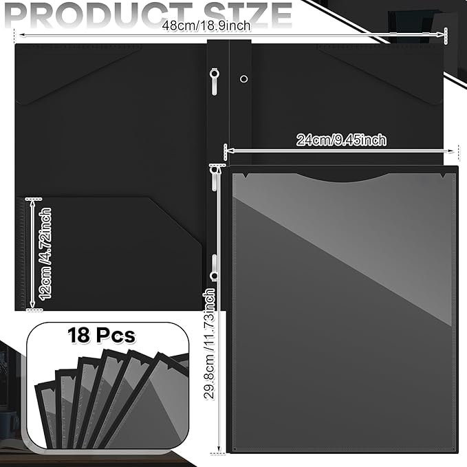 Henoyso 18 Pcs Plastic Folder with Clear Front Pocket and 3 Prong Plastic Folders with Card Slot Pocket Folders with Prongs for School Office (Black)