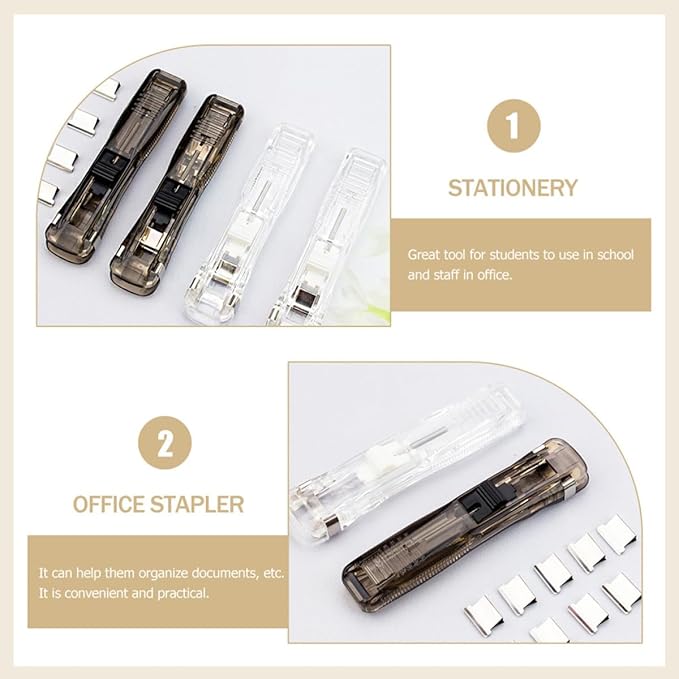 INOOMP Reusable Desk Stapler with Binder Clips Portable Document Binding Tool with 200pcs Refill Clips Home and Office for File Organization Random Style
