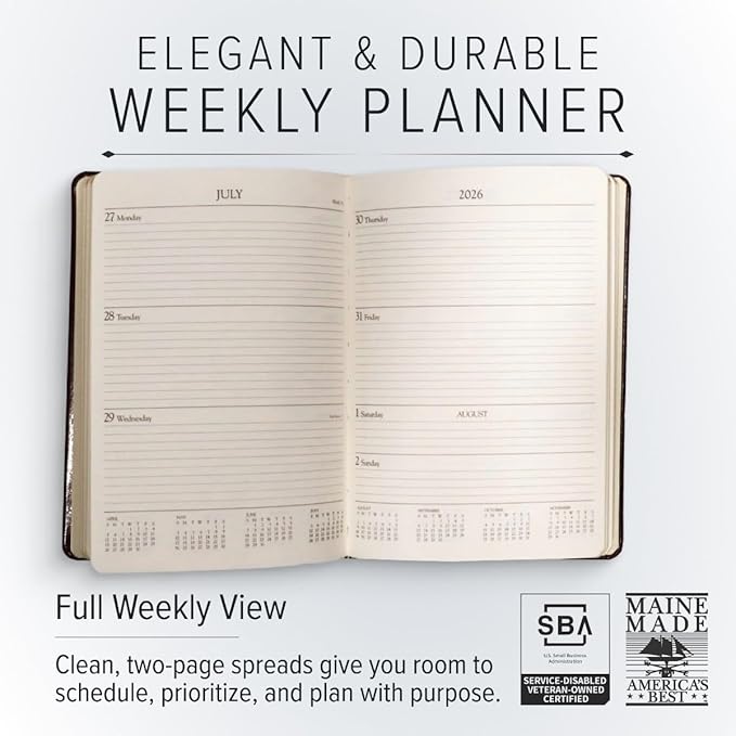 Gallery Leather Desk Weekly Monthly Planner 2025-2026, Elegantly Bound Calendar Planner and Notebook with Stylish Gold-Gilded Page Edges, 12 Months - Monhegan Emerald - 8 x 5.5 "