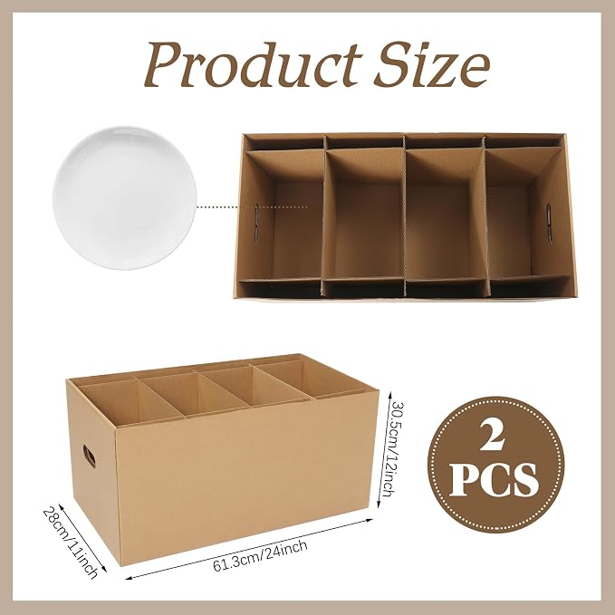Fuyoooo 2 Pack Large Dish Packing Boxes for Moving with Divider 24 x 12 x 11 Inch Kitchen Moving Boxes with Reinforced Handle Lid Packing Supplies for Dishes and Glassware