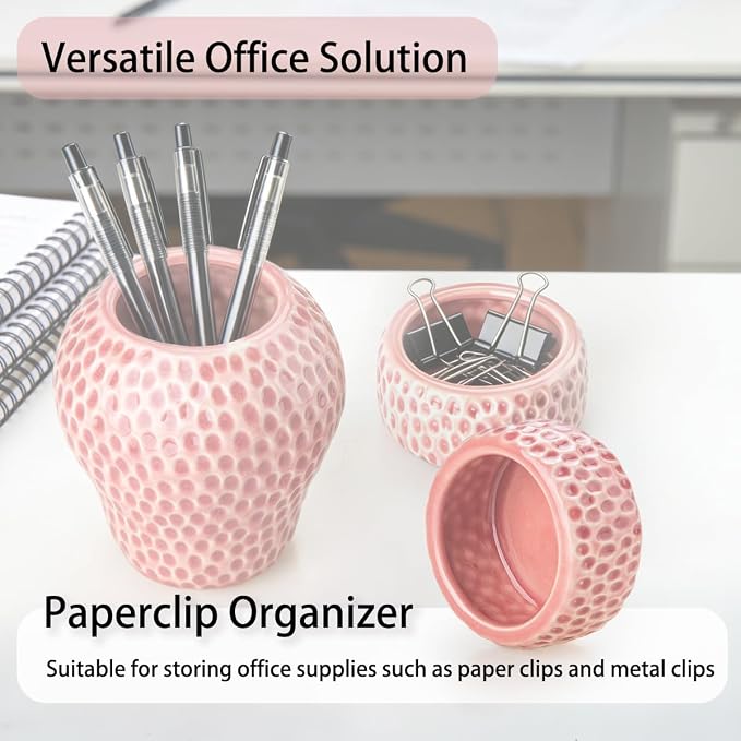 Ceramic Paper Clip Holder, Strawberry Pen Holder Set, Cute Pen Holder for Desk Storage Set of 2, Office, School, Home Decor(Pink)