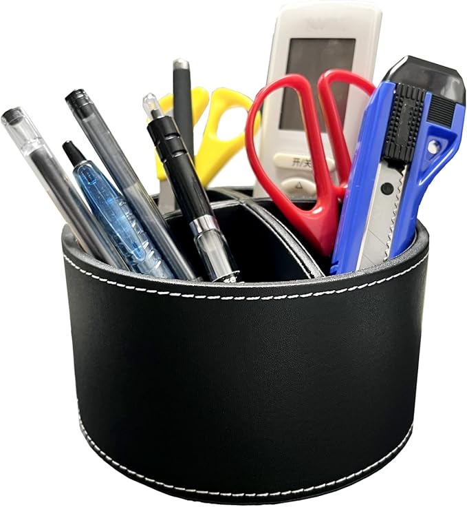 PU Leather Round TV Remote Control Holder for Table,360° Swivel Office Supply Desktop Organizer,4 Compartments Phone/Pen/Pencil Holder,Suitable for Stationery/Heater Controllers Etc (Black)