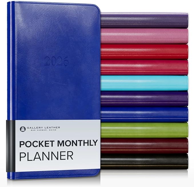 Gallery Leather Pocket Monthly Planner 2025-2026, Elegantly Bound Calendar Planner and Notebook with Stylish Gold-Gilded Page Edges, 18 Months - Acadia Malibu - 6x3.25"