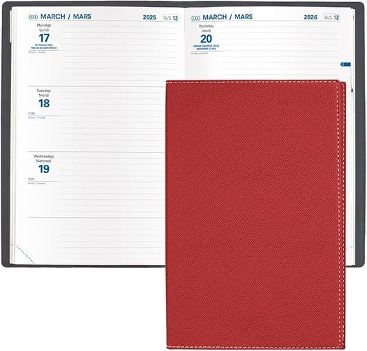 Quo Vadis 2026 Hebdo - Bi-Lingual (EN/FR) - Weekly/Monthly Planner - 12 Months, Jan. to Dec. - 6 1/4 x 9 3/8" - Grained Faux Leather Club Red Covers - Productivity Time Management Organizer