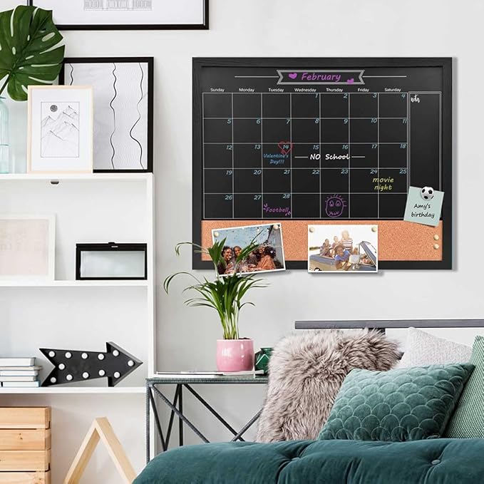 TORASO Chalkboard Calendar & Corkboard, Magnetic Surface 24" x 32" Combination Chalk Board & Bulletin Board, Black Framed Blackboard/Calendar/Cork Combo Board(ZHHB-BK-6080)