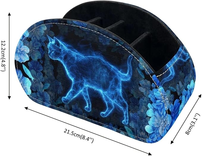 Forchrinse Blue Cat Print Remote Control Holder,Leather Makeup Organizer with 5 Compartments,Table Decor Storage Remote Caddy for Home Office