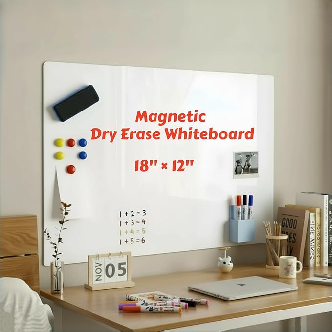 Magnetic Dry Erase Whiteboard 18"x12" - Self-Adhesive Flexible Wall Board for Fridge, Desk, Locker w/ 11 Markers, 6 Magnets, Eraser & Holder, Ultra Smooth, No Ghosting, Easy Erase