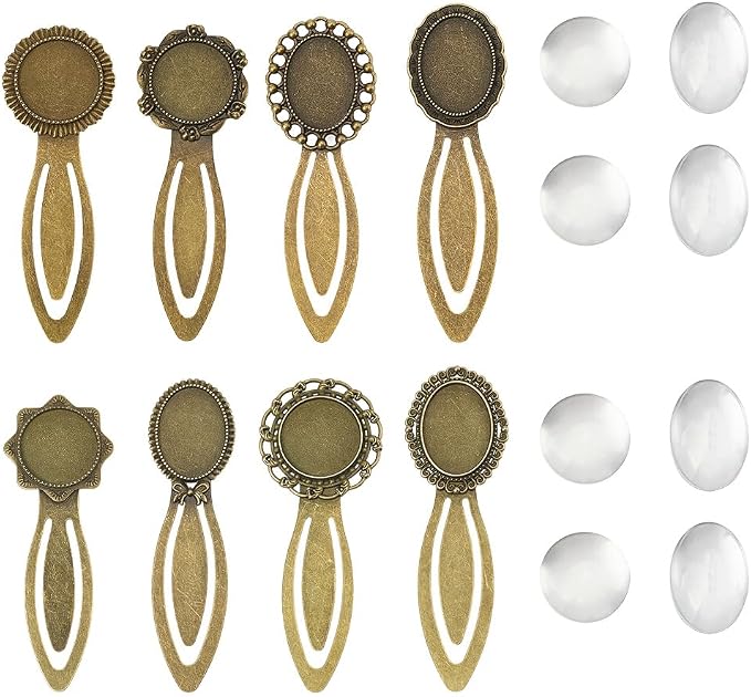 SUNNYCLUE 1 Box 8 Sets Bronze Bookmarks Cabochon Tray Bookmark Alloy Metal Include Books Read Blank Photo Transparent Marks Kit Bezels for Jewelry Making Charms Book Reading DIY Supplies Women Adults