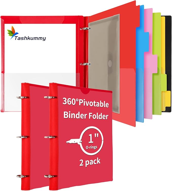 360 Pivotable Project Organizer, 2 Pack 3 Ring Binder with Colored Tab Dividers with Pockets, Customizable Front Cover Multi Pocket Folder for Home, School, Office - Red