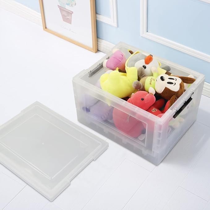4-Pack 32 Quart Clear Collapsible Storage Box with Lid | Folding storage crate, folds flat for compact storage, see-through design keeps items visible