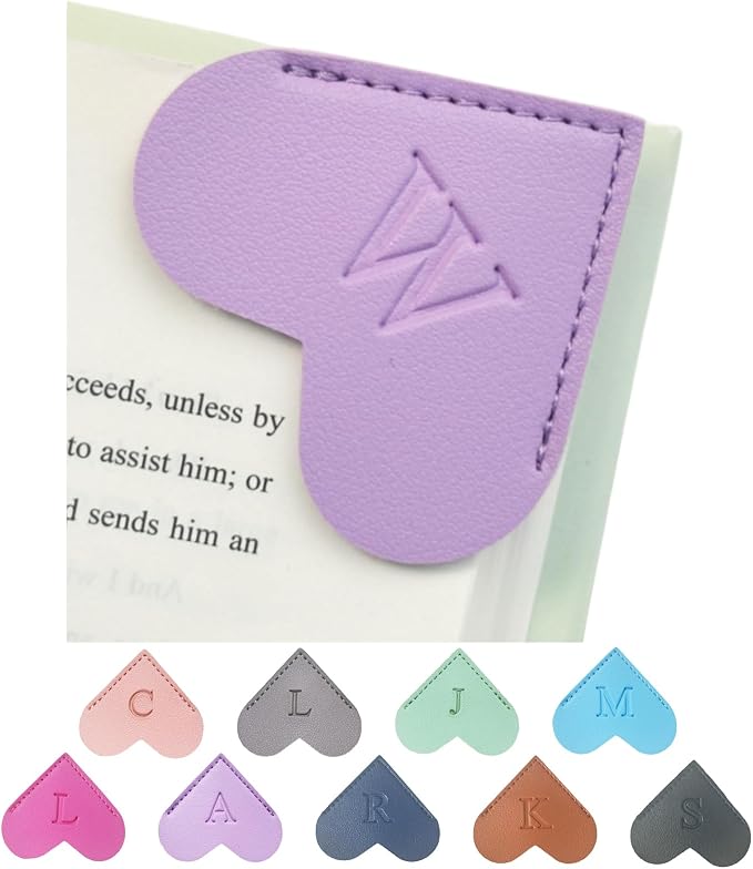 MOTEERLLU Personalized Leather Heart Bookmark with Initials, Handmade, Letter Cute Custom Corner Book Marks for Reading Women, Teachers, Students, Book Lovers, Book Accessories(Purple,W)