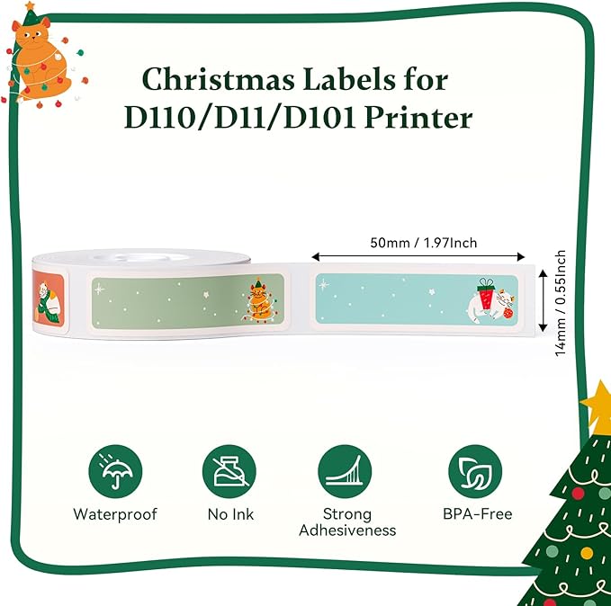 NIIMBOT Christmas Labels for D110/D11/D101 Label Maker,14 x 50 mm (0.55'' x 1.97''), Thermal Label Tape for Christmas Home Office Labeling, Meowy Xmas Pattern