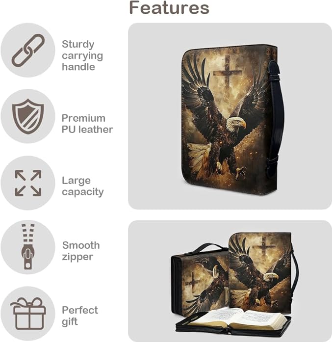 Bible Case with Handle and Zipper, Premium PU Leather Waterproof Bible Cover 11.2 x 8 x 2.2 Inches, Book Case for Standard Size Bibles with Pen Storage, Bible Accessories Gifts (Eagle)