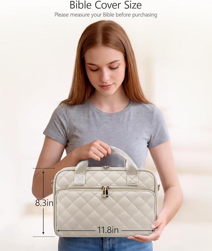 Bible Journaling Kit – Quilted Bible Cover Case for Women, 31 Highlighters, 75 Tabs, Bible Study Supplies & Christian Gift for Women and Teens (Shoulder Strap, Beige)