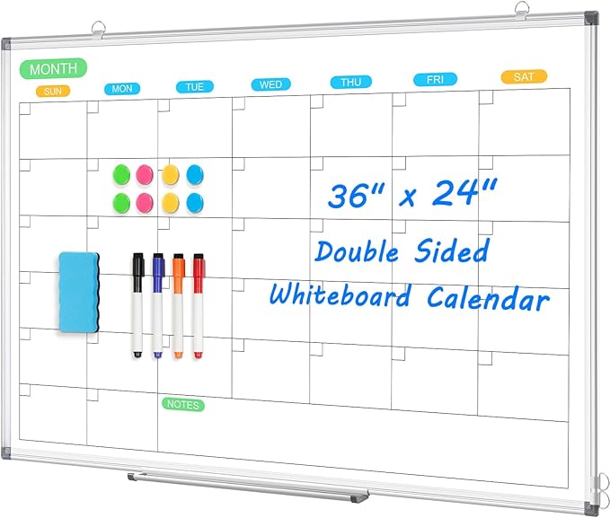 Dry Erase Board Calendar for Wall, 36" x 24" Magnetic Whiteboard Calendar, Monthly Calendar Whiteboard for Wall, Double-Sided Hanging Aluminum Frame White Board for Home, School, Office