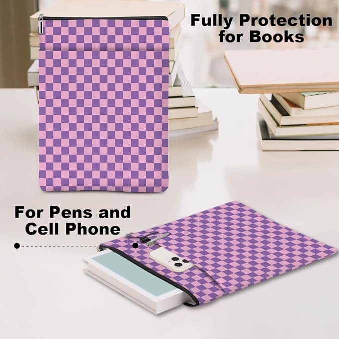 Purple Plaid Book Lovers Gifts Book Sleeve Vintage Checkered Waterproof Book Cover Book Pouch Book Protector with Front Pocket Book Club Christmas Birthday Gifts for Women Girl Sister Book Accessories