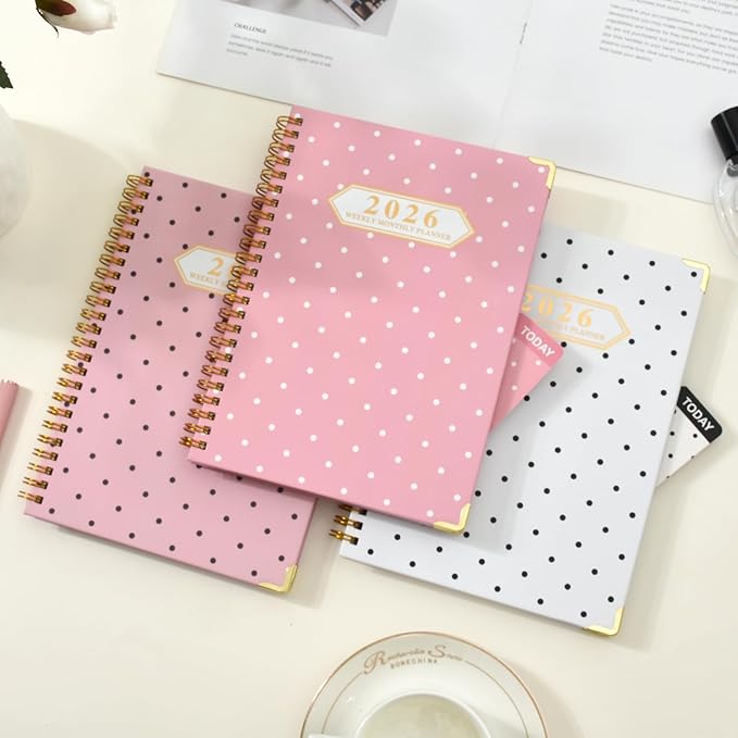 2026 Monthly Planner, Jan.2026 - Dec.2026 Weekly Planner 6.25"x8.5" with Page Tabs, Calendar Hardcover with Inner Pocket, Elastic Band, Twin-Wire Binding, Bookmark, Black White Polka Dots