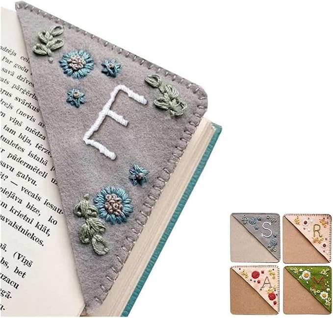 Personalized Hand Embroidered Corner Bookmark, 26 Letters Cute Flower Embroidered Corner Bookmark Embroidery Book Marker Clip for Book Lovers Bookmarks for Reading Lovers Meaningful GIF (Winter, E)